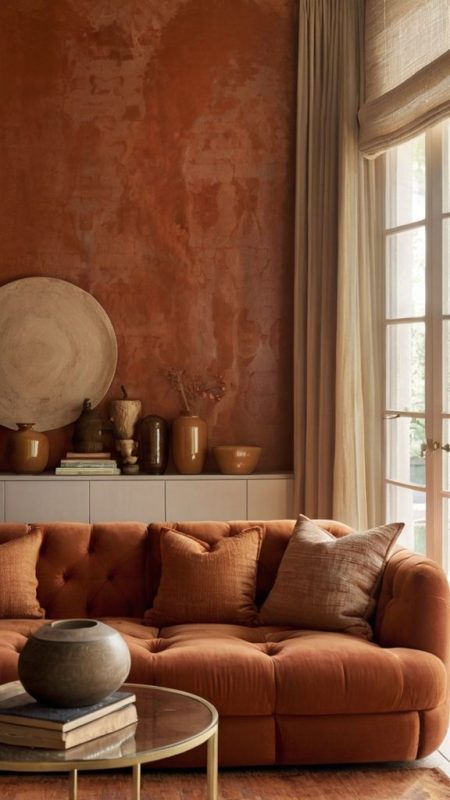 Phòng khách với tường và ghế sofa màu cam đất, tạo không gian ấm cúng.