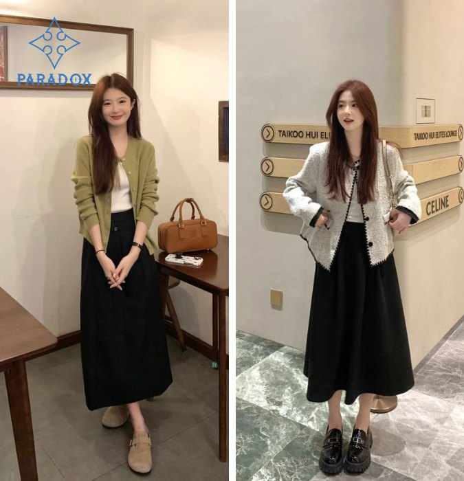 Cách phối đồ với chân váy xòe dài mùa đông