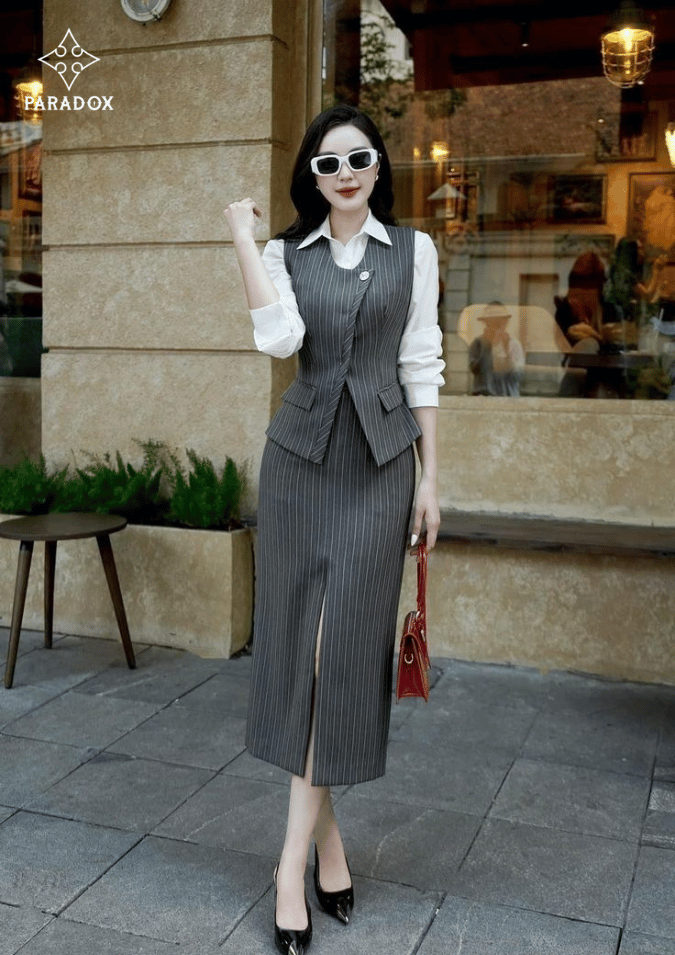 Chân váy bút chì phối với áo vest
