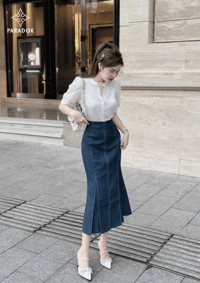 Chân váy bút chì phối vơi áo sơ mi
