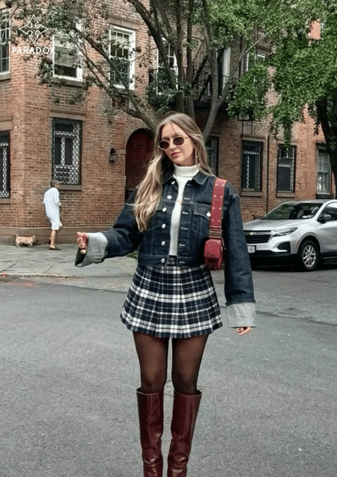 Chân váy caro phối với áo gì? - áo khoác jeans