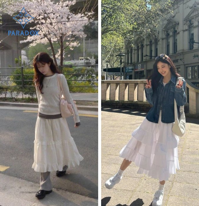 Chân váy tầng dài phối áo gì năng động, cá tính