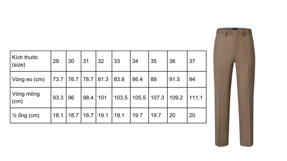 Bảng size quần tây An Phước