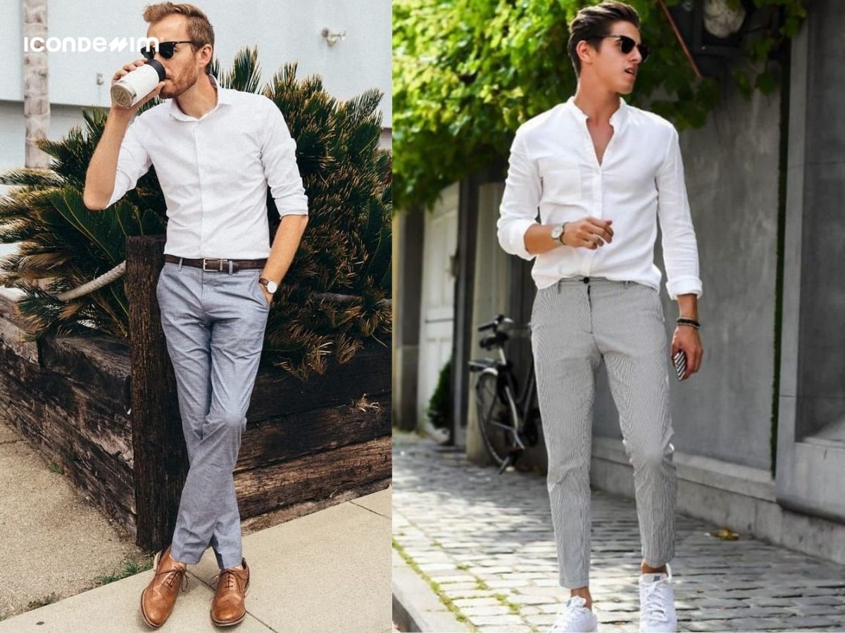 Quần ghi mix với áo sơ mi trắng tạo thành set đồ công sở, sự kiện