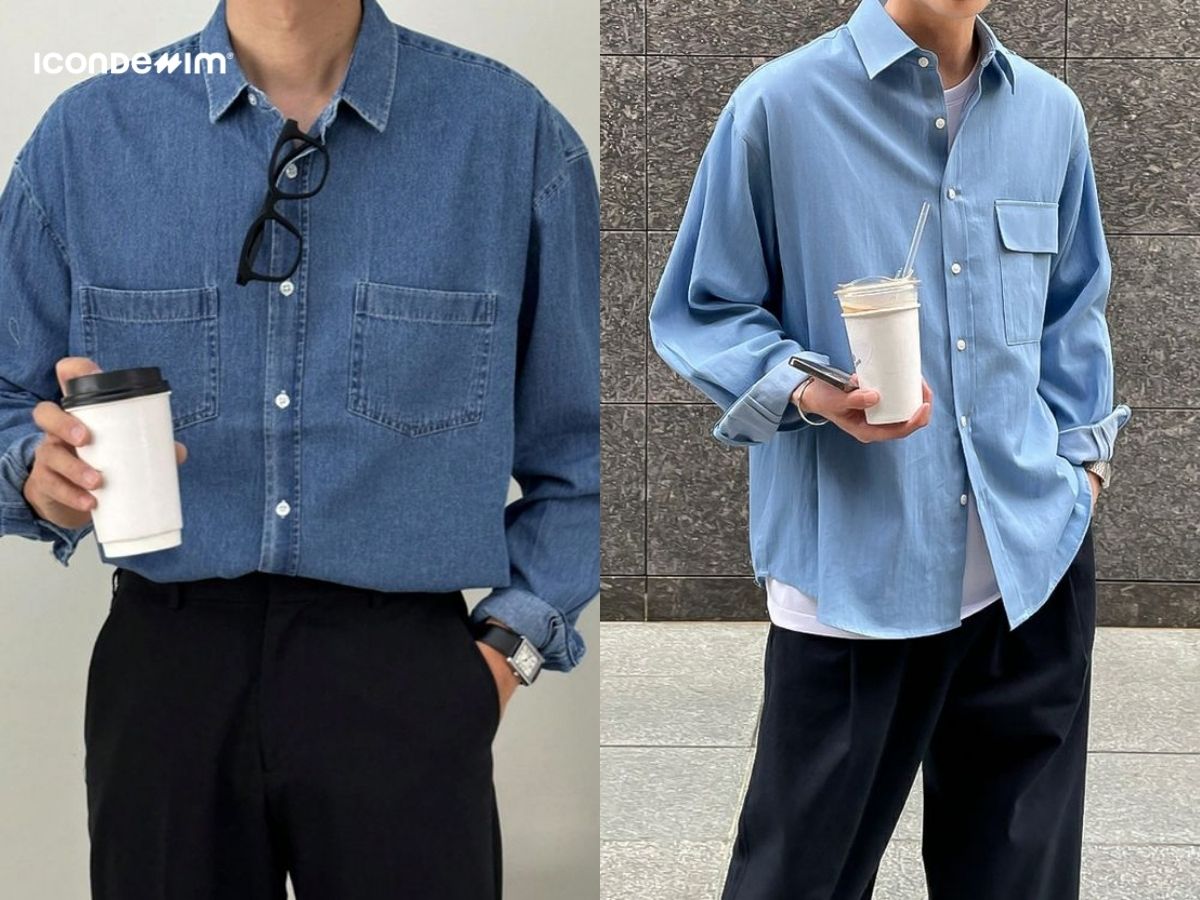 Cá tính với quần đen và áo sơ mi denim