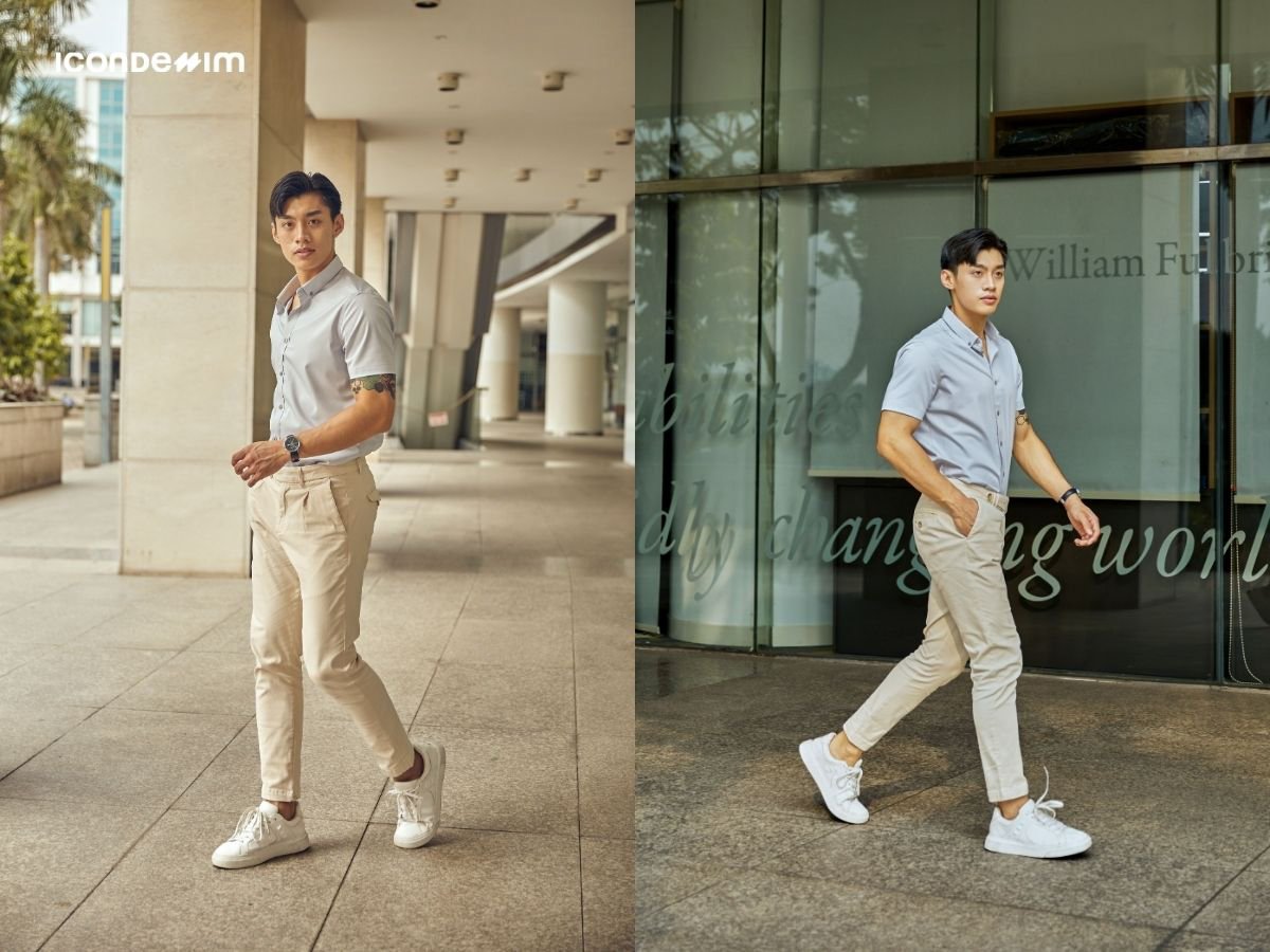 Phối áo sơ mi tay ngắn cùng quần kaki tông màu trung tính