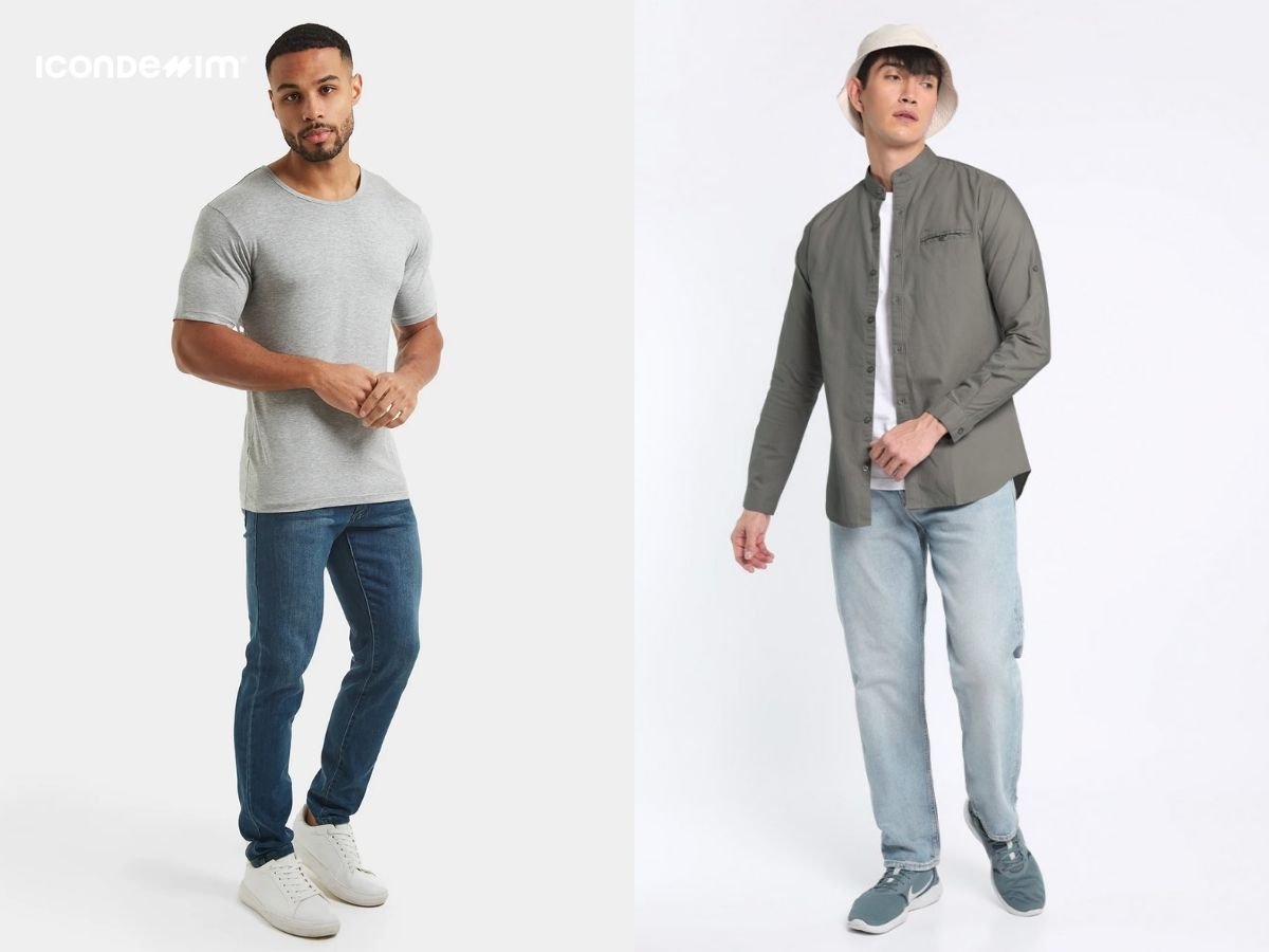 Quần jeans xanh và áo ghi tạo vẻ ngoài thanh thoát