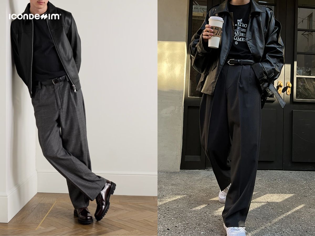 Quần tây ống suông phối với áo khoác da