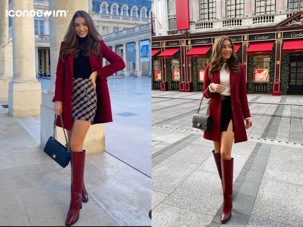 Phối chân váy ngắn với áo len và áo khoác dạ dáng dài