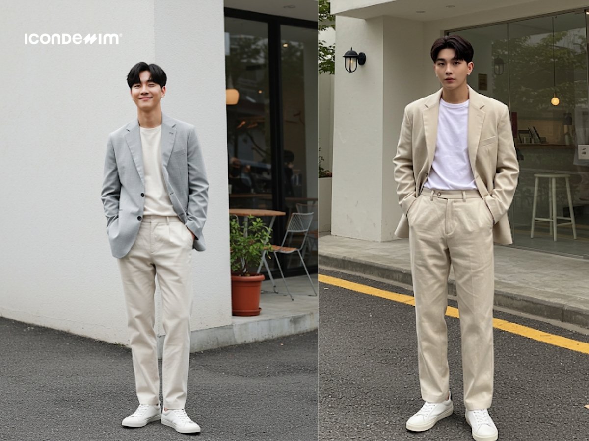 Áo blazer, áo thun và quần dài linen