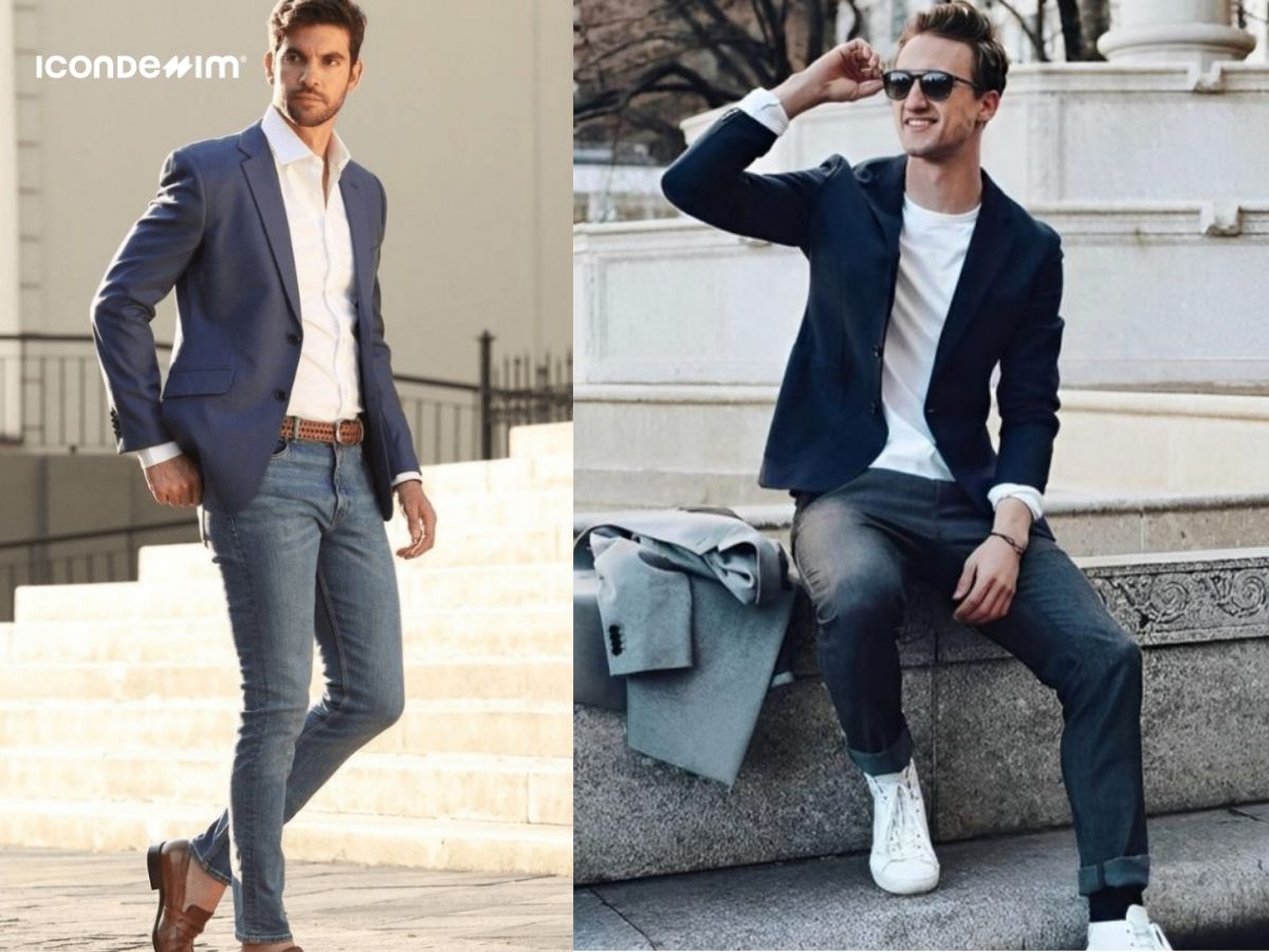 Phối áo blazer và quần jeans cùng tông màu
