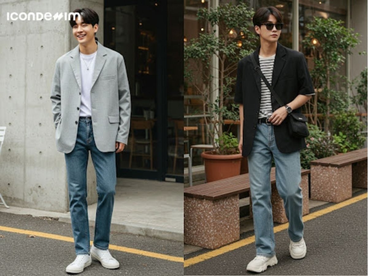 Áo blazer và quần jeans ống suông