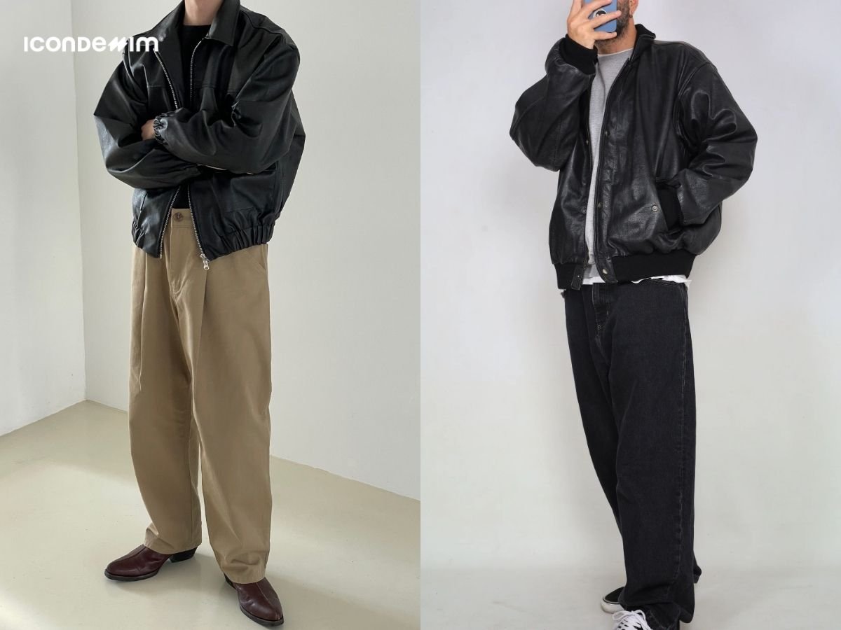 Áo bomber da mix với quần ống rộng trẻ trung