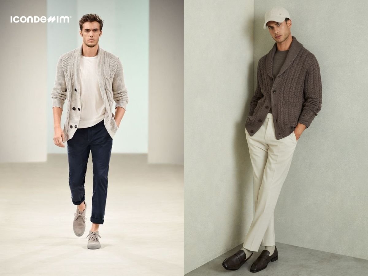 Phối áo cardigan và quần tây cho nam đùi to