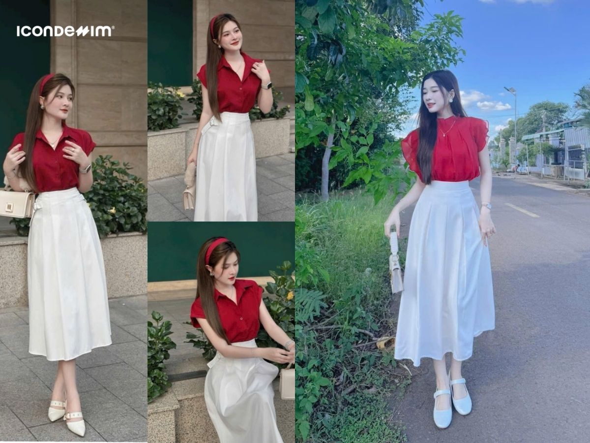 Set đồ áo đỏ mix với chân váy trắng
