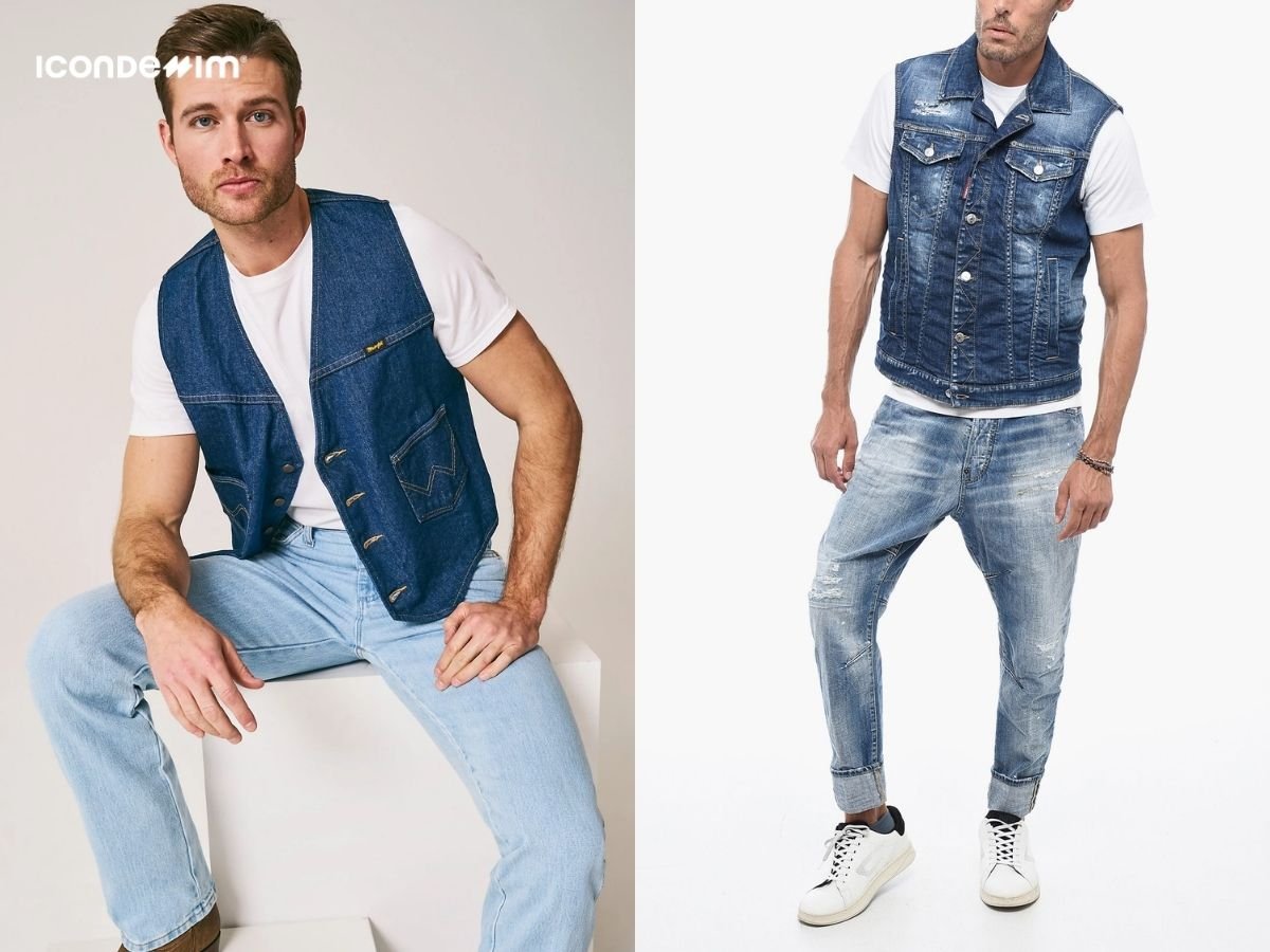 Áo gile denim phối với quần jeans