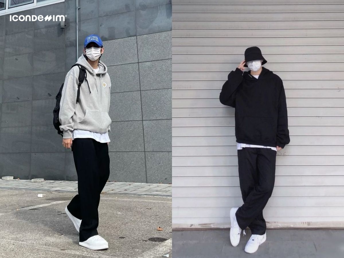 Áo hoodie phối với quần tây ống rộng phong cách Hàn Quốc