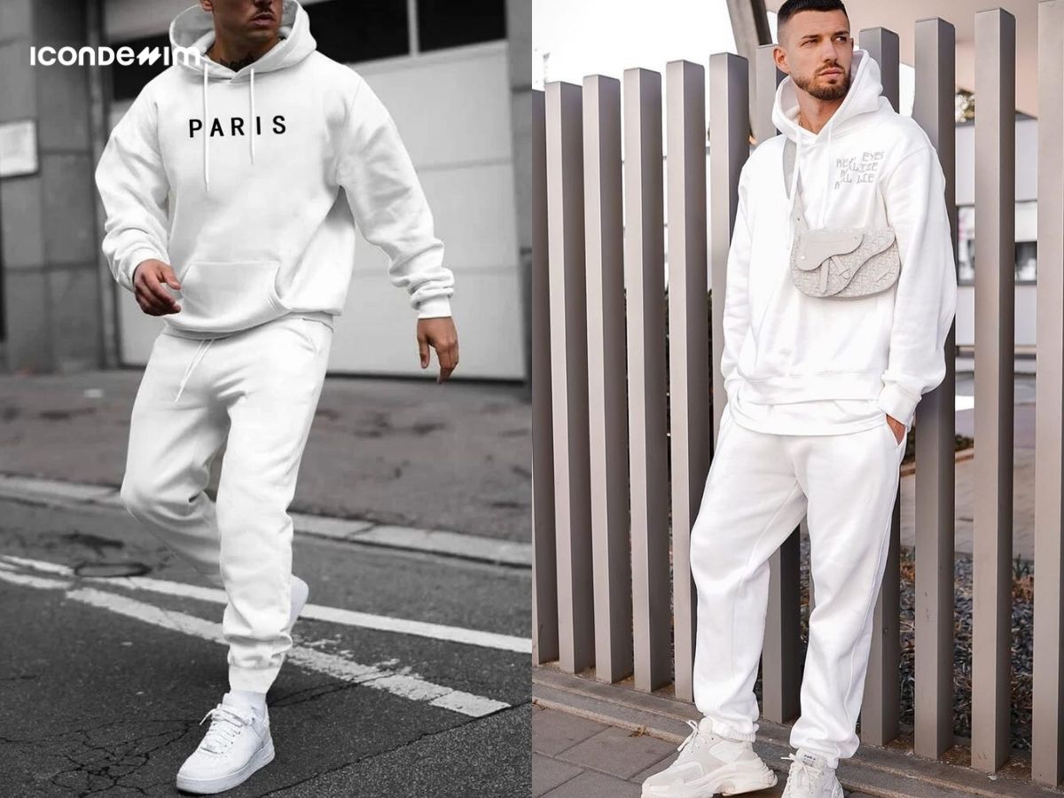Áo hoodie trắng phối quần jogger trắng