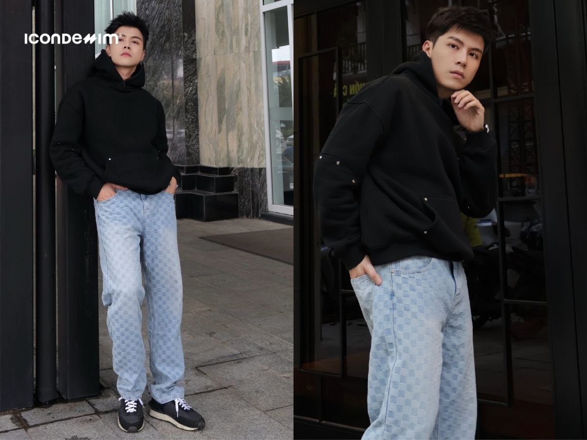 Style streetwear nam với áo hoodie và quần jeans baggy