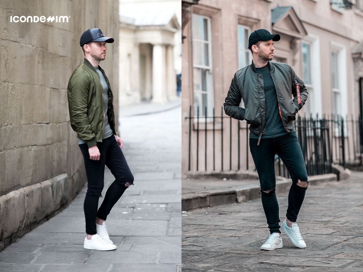 Áo khoác bomber và quần jeans rách