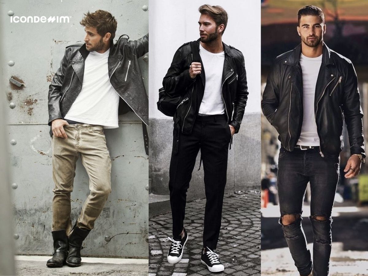 Áo t-shirt trắng, áo khoác da đen và giày combat boots