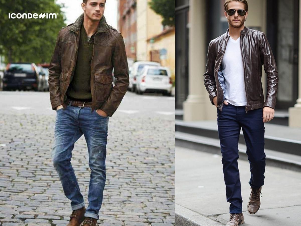 Set đồ áo khoác da với quần jeans nam tính