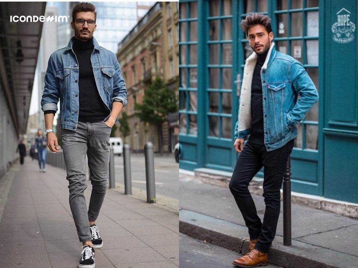 Áo khoác jeans phối với áo len cổ lọ