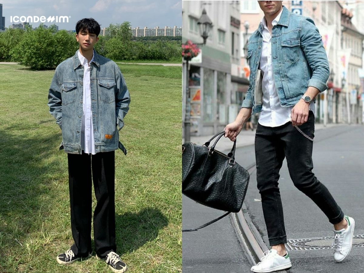 Kết hợp áo khoác jeans và áo sơ mi trắng