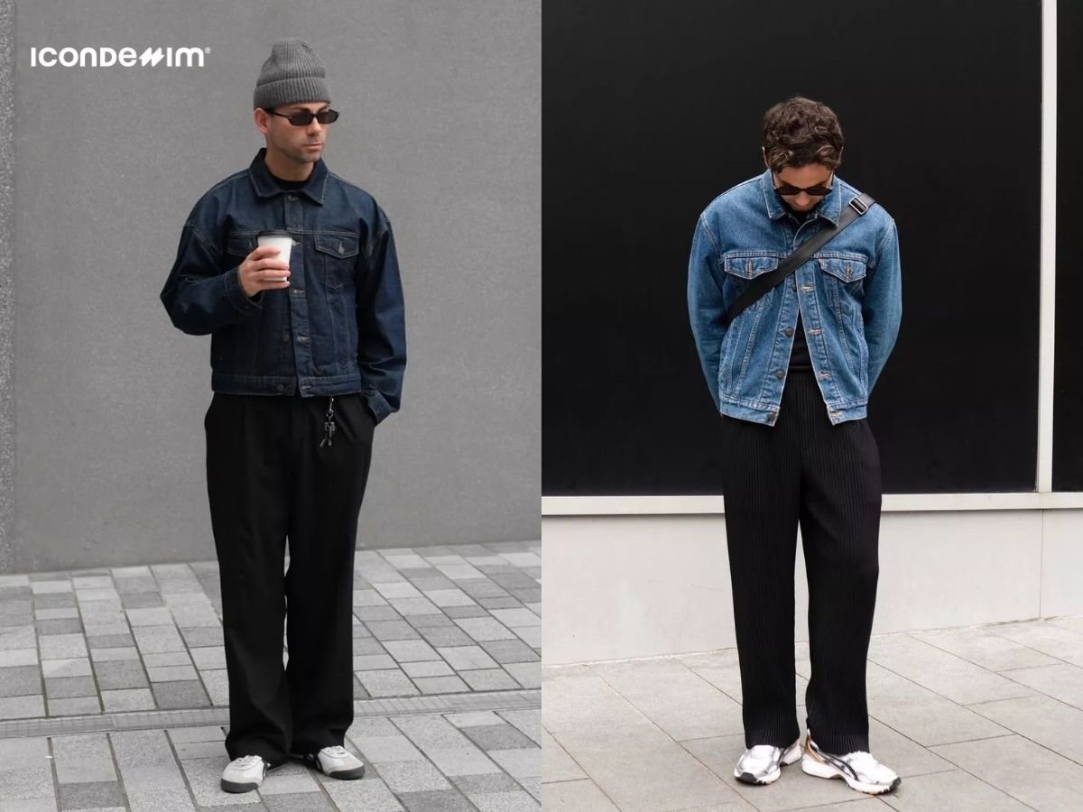 Phối đồ áo khoác jeans với quần ống rộng