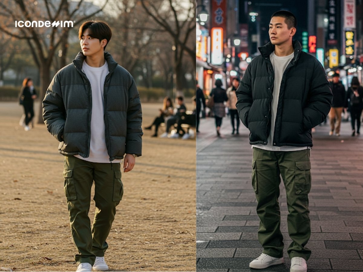 Áo khoác puffer, áo thun và quần cargo