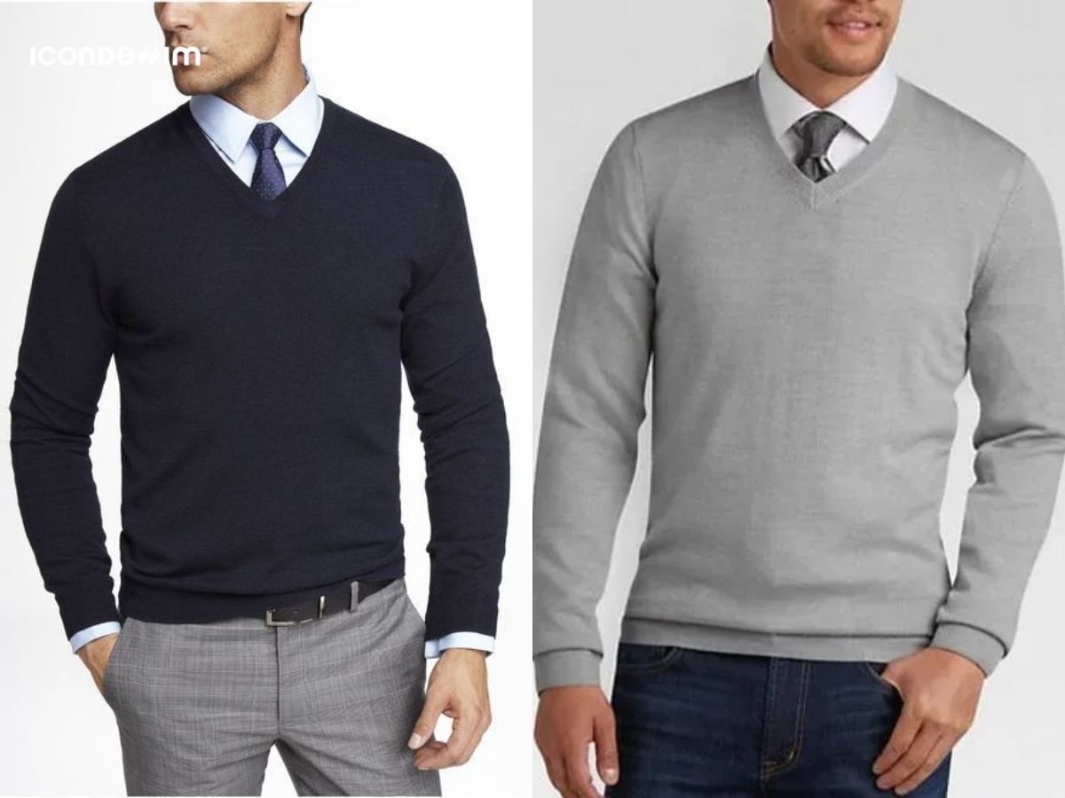 Phối áo len cổ chữ V, áo sơ mi, cà vạt