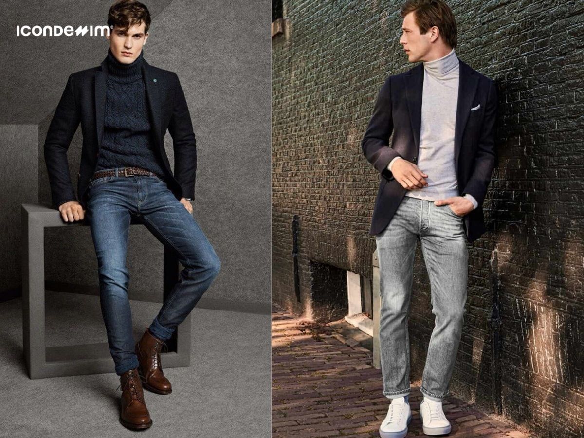 Áo len cổ lọ, áo blazer, quần jeans
