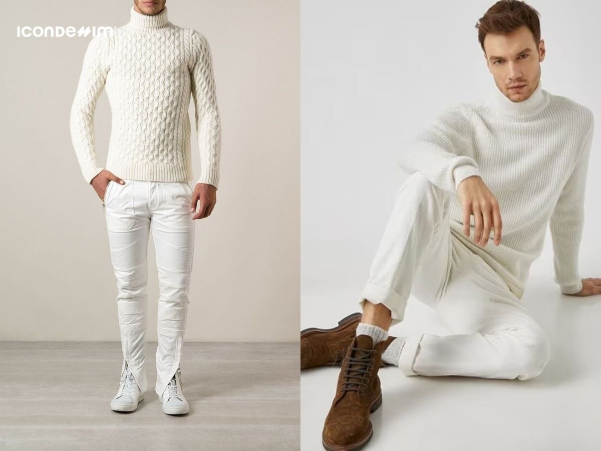 Phối áo len cổ lọ trắng và quần tây trắng
