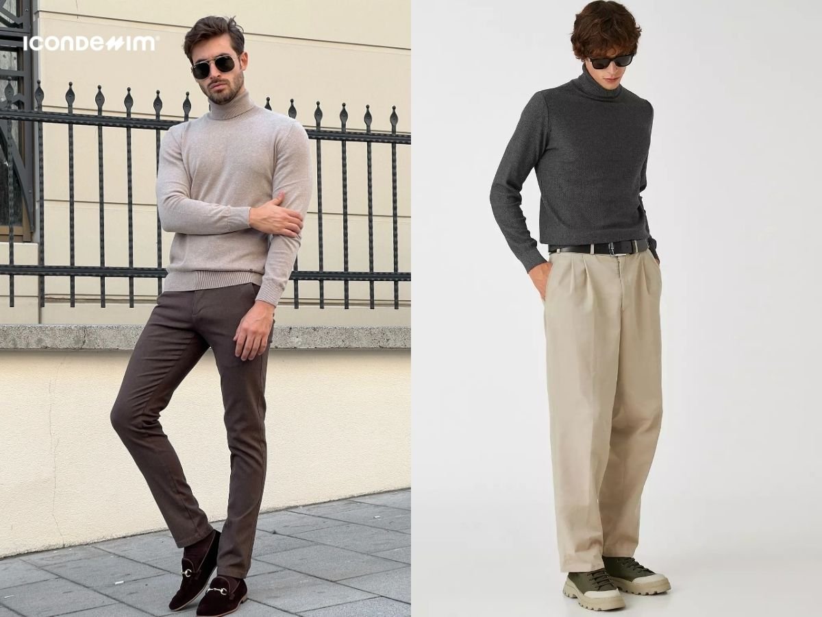 Diện áo len cổ lọ với quần trouser tôn lên vẻ ngoài lịch lãm