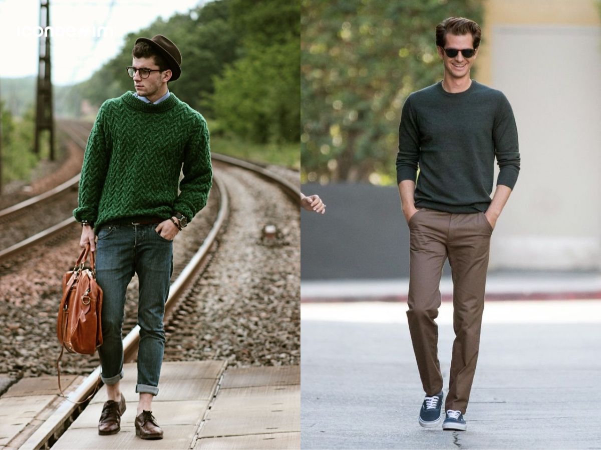 Mix áo len màu xanh đậm với quần tối màu một cách tinh tế