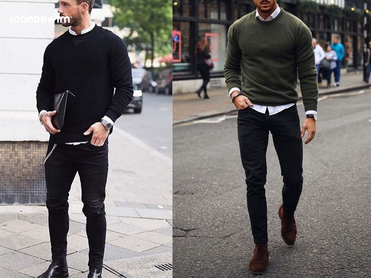 Áo len mỏng, áo sơ mi và quần jeans