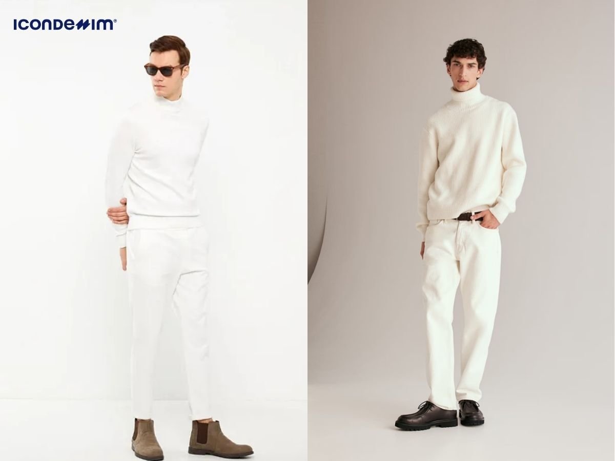 Phối áo len với quần kaki cùng tông trắng