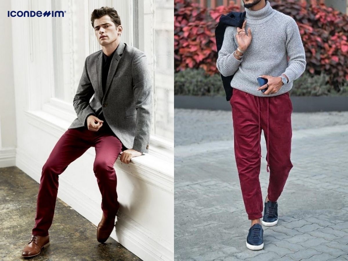 Áo màu ghi với quần đỏ đậm tạo hiệu ứng thời trang cuốn hút