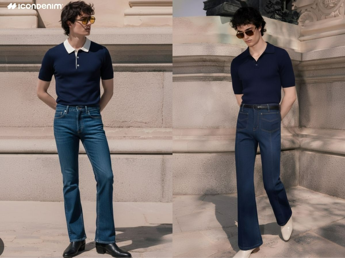 Phối áo polo dệt kim và quần jeans ống loe