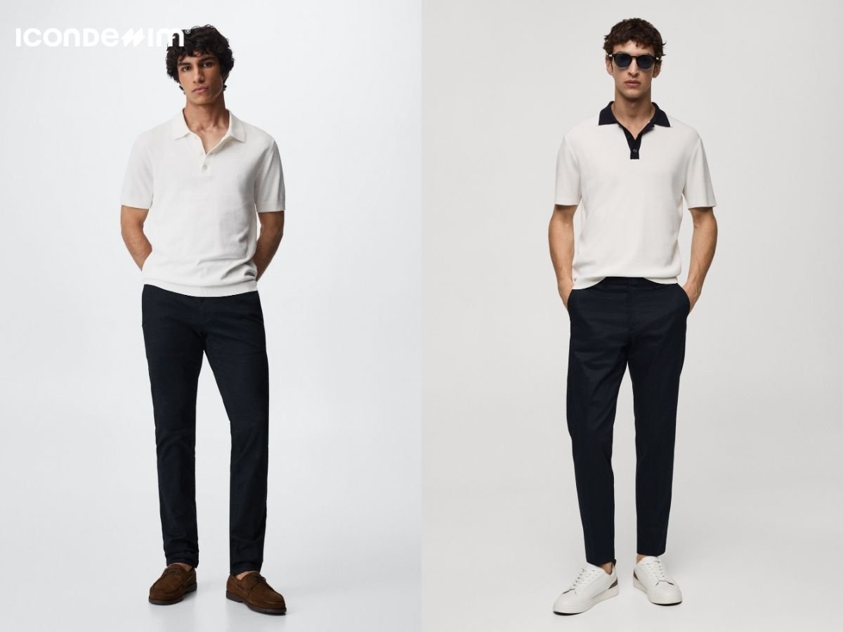 Áo polo trắng, quần chinos đen