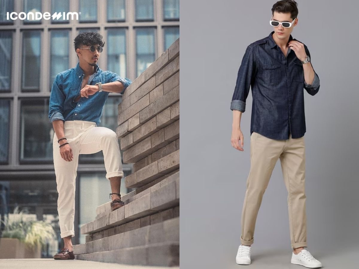 Phối áo sơ mi denim, quần kaki trẻ trung