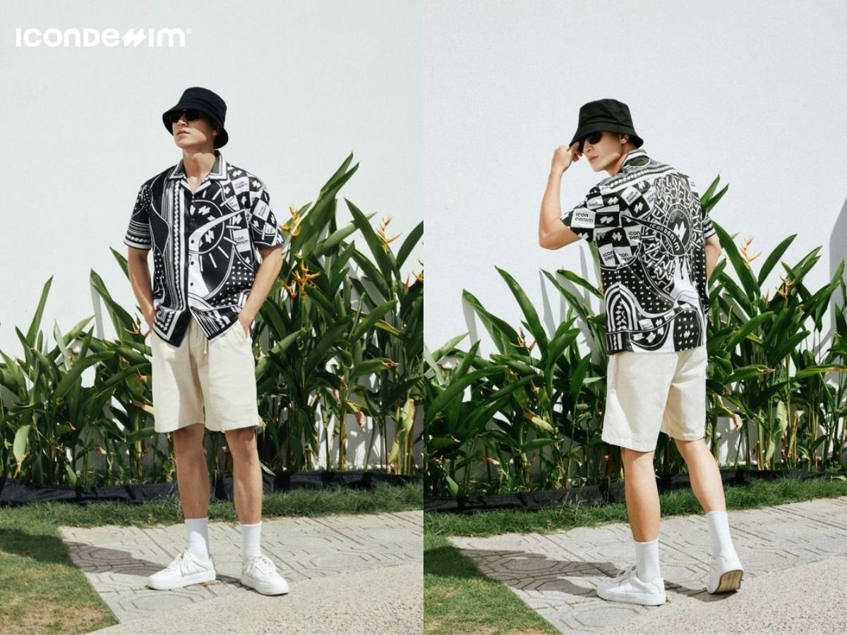 Diện áo sơ mi hoạ tiết với quần short để tắm biển cực thoải mái