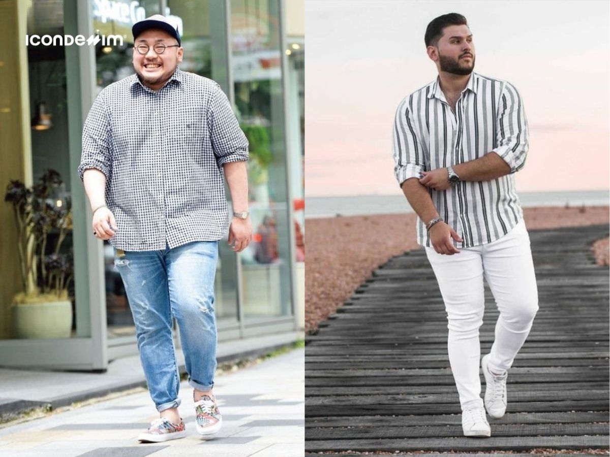 Outfit áo sơ mi kẻ sọc và quần jeans cho nam béo bụng
