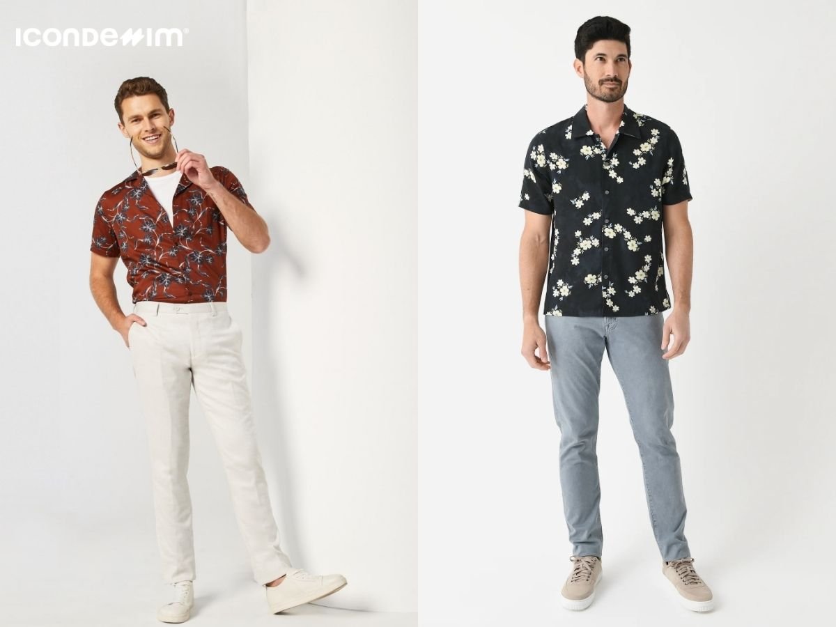 Trở nên hiện đại, mới mẻ hơn khi phối áo sơ mi tay ngắn hoạ tiết với quần chinos