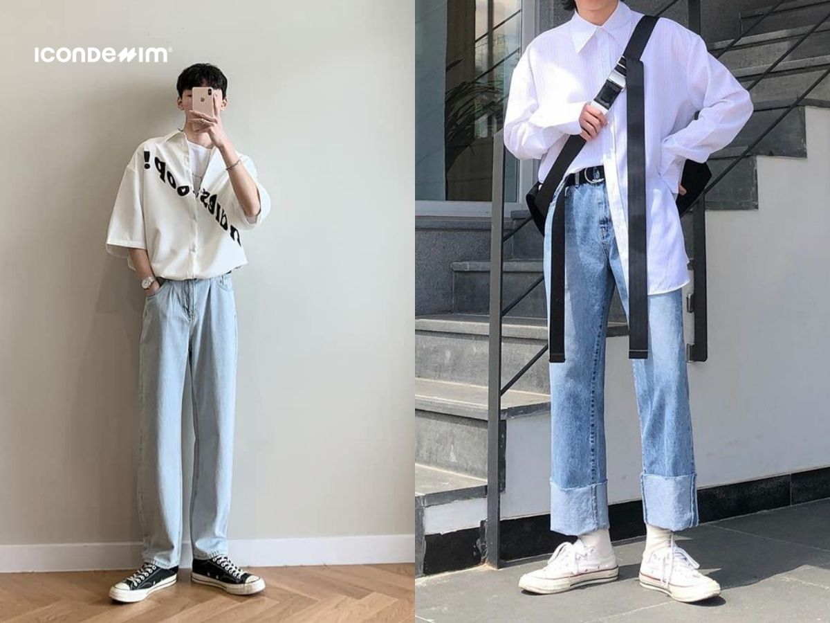 Phối áo sơ mi oversize, quần jeans ống rộng