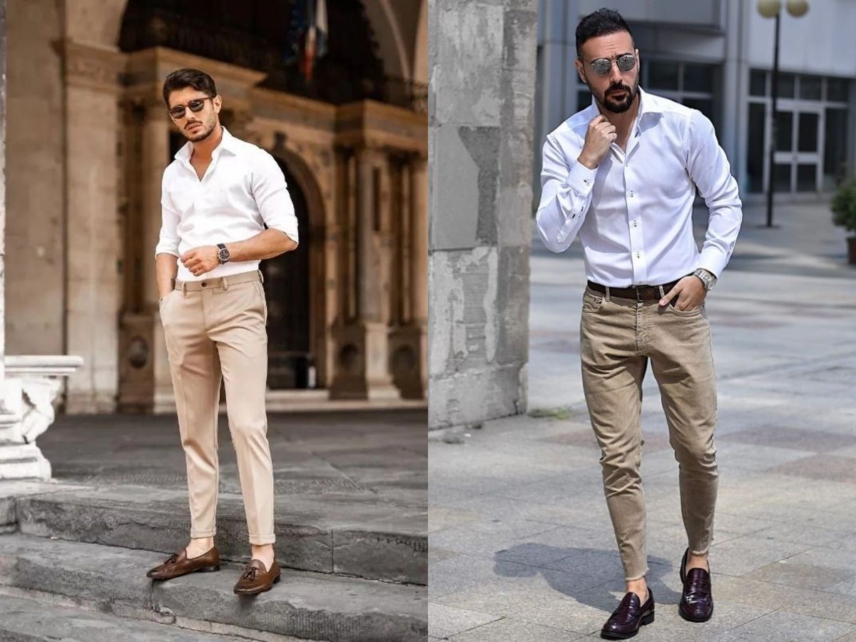 Áo sơ mi trắng và quần kaki cho vẻ ngoài thanh lịch