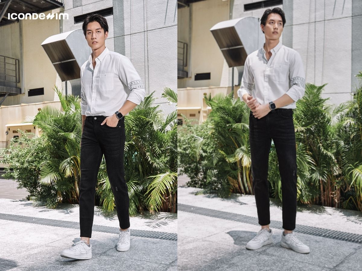 Phối quần jean đen và áo sơ mi trắng thanh lịch