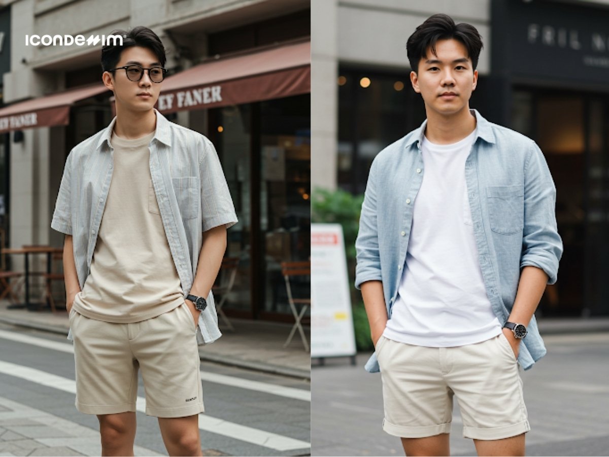 Phối áo thun basic, áo sơ mi và quần short