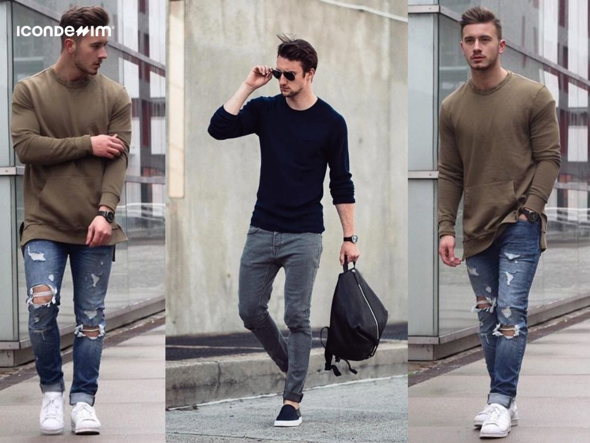 Phối áo thun dài tay với quần jeans cực cool, nam tính