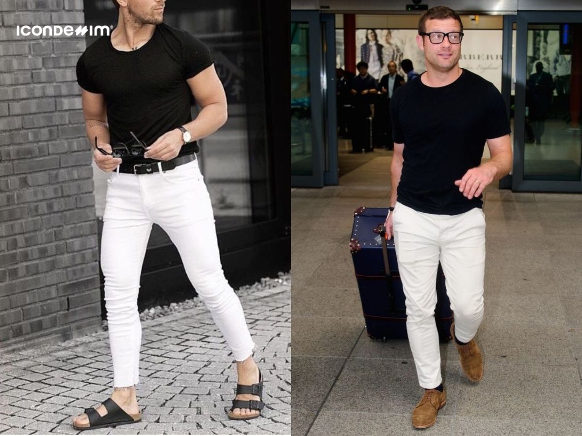 Phối áo thun đen và quần jeans trắng